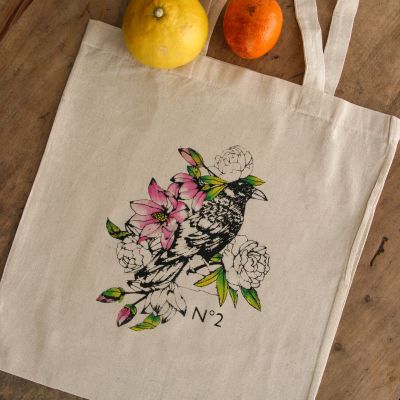 Tote bag en coton - Fleur - Oiseau Corneille
