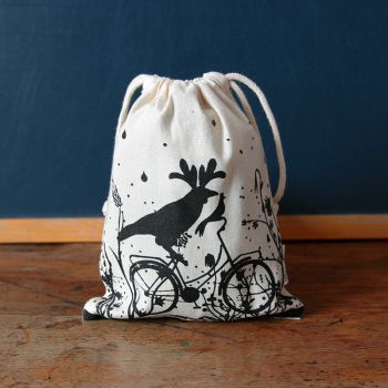 Pochon Oiseau sur son vélo - Sac à gouter enfant coton Bio-Fairtrade