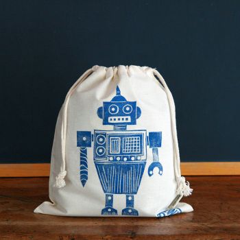 Pochon coton Bio - Sac à gouter enfant - Robot bleu